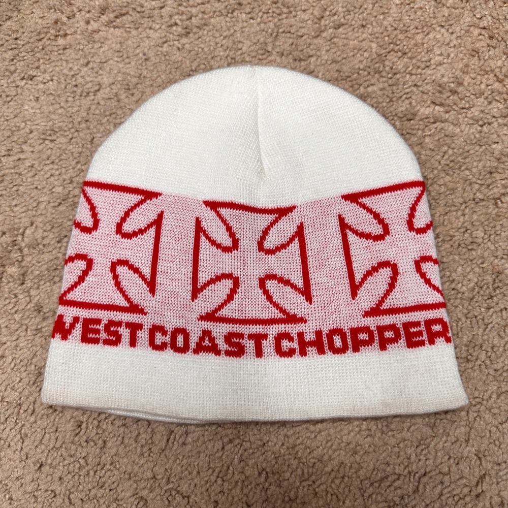 West Coast Choppers Beanie Hat White Red Iron Cross Logo Made in USA Vintage Y2K - Picture 2 of 6